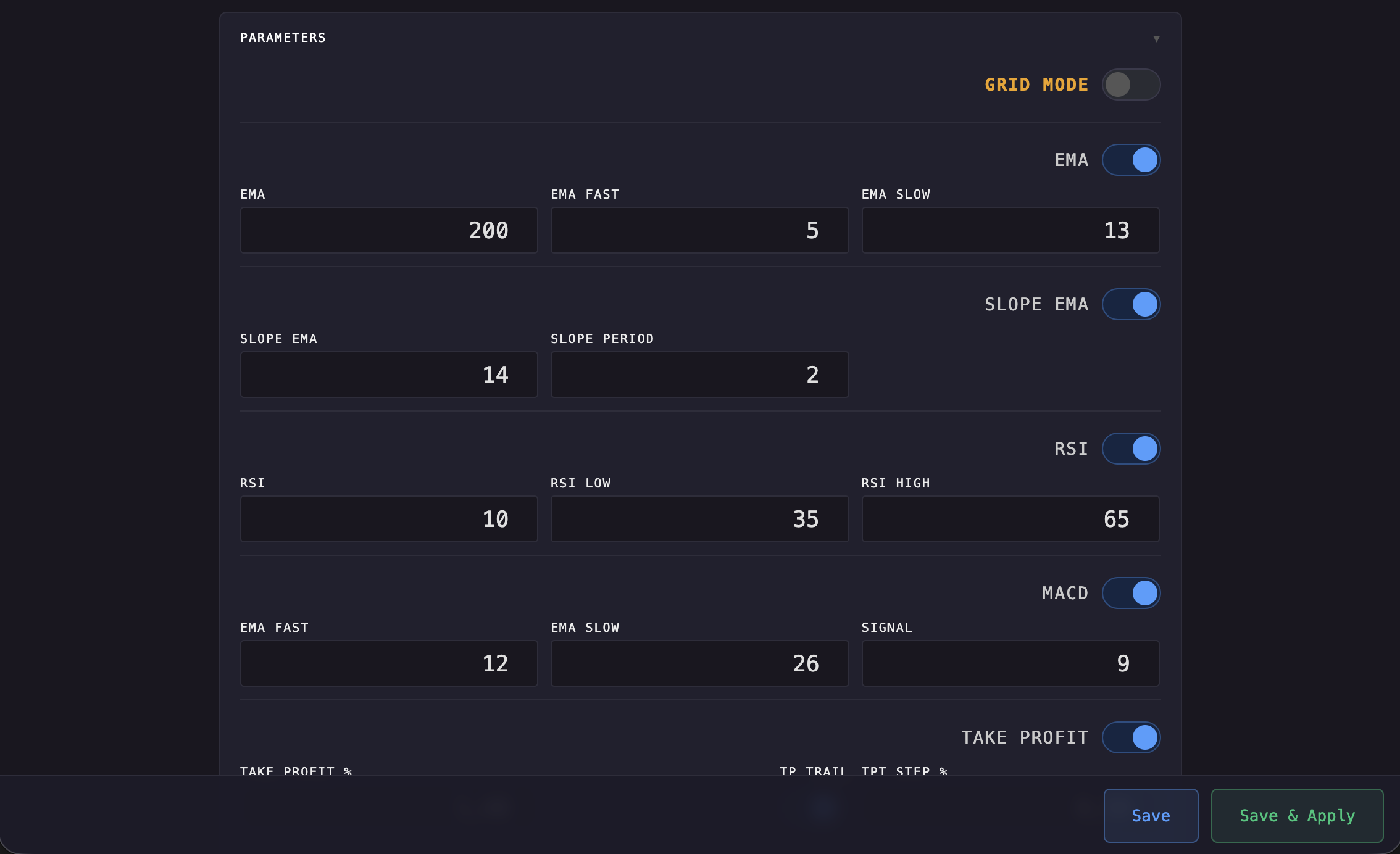 Strategy Editor – Parameters