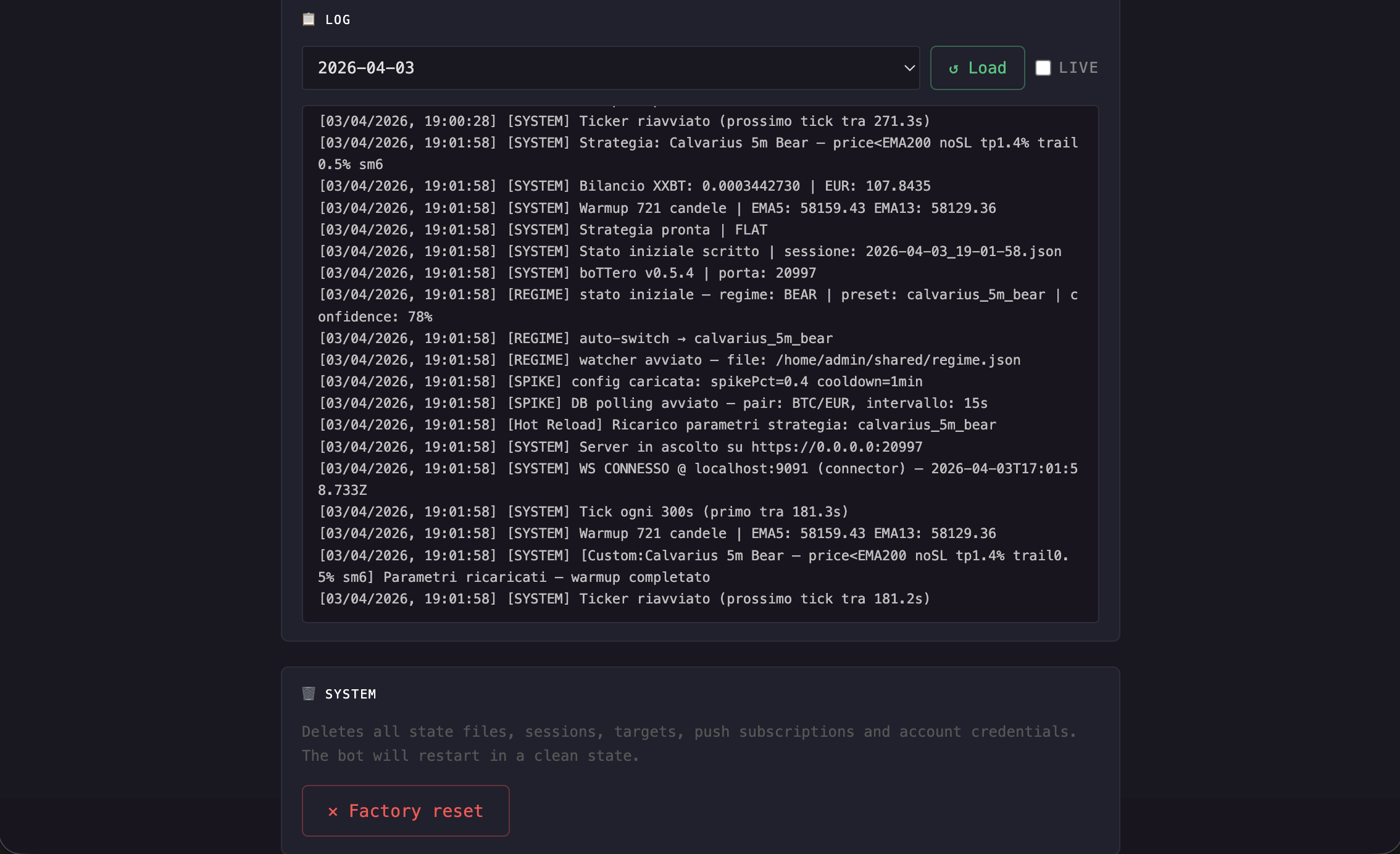 Log viewer – System section